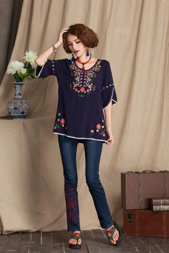 Ashir Aley Bell Sleeve Womens Girls Embroidered Cotton Peasant Tops Mexican Bohemian Shirts Blouses (L,Navy Blue) - Image 2